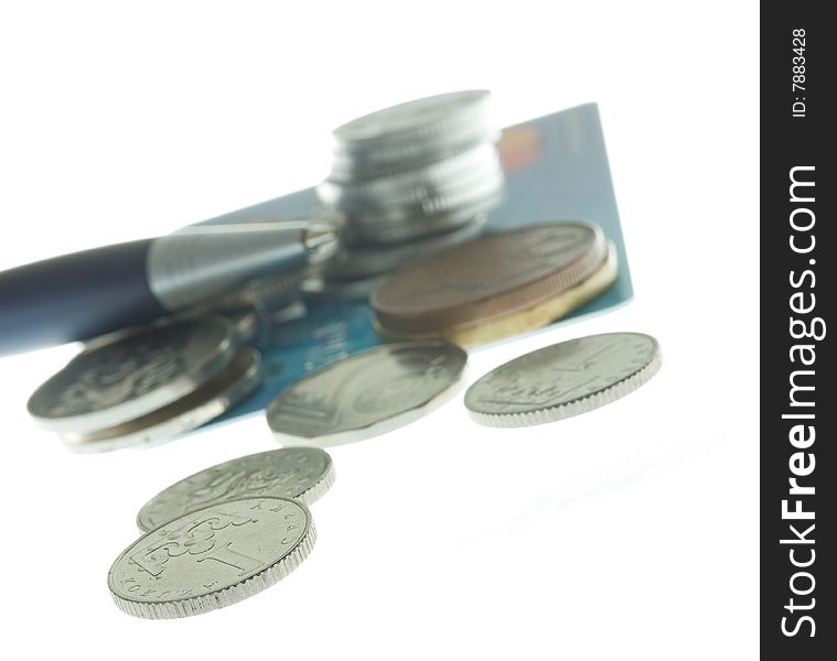 Czech bank notes and coins on white background