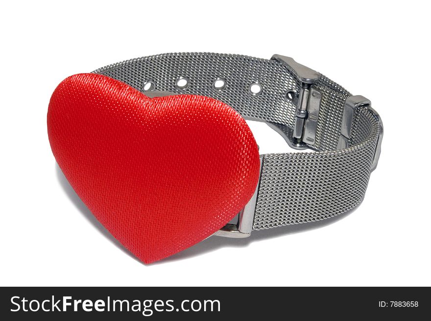 Wristwatch with red heart instead of clock plate isolated on the white. Wristwatch with red heart instead of clock plate isolated on the white