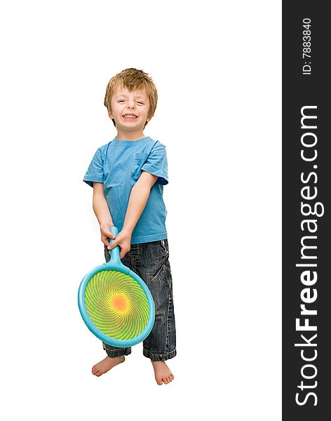 Four year old boy holding a toy bat, smiling. Four year old boy holding a toy bat, smiling.