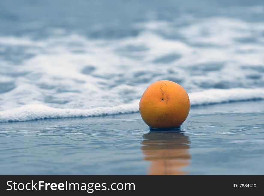 Lonely orange thrown on an ocean coast washed by waves. Lonely orange thrown on an ocean coast washed by waves