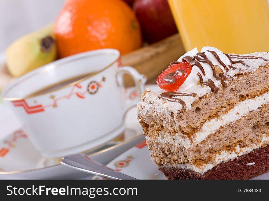 Sweet cake and cup of coffee. Sweet cake and cup of coffee