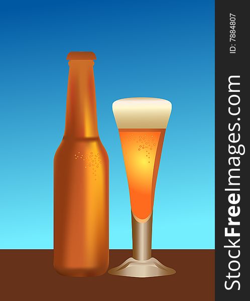 An illustration of a beer bottle and glass