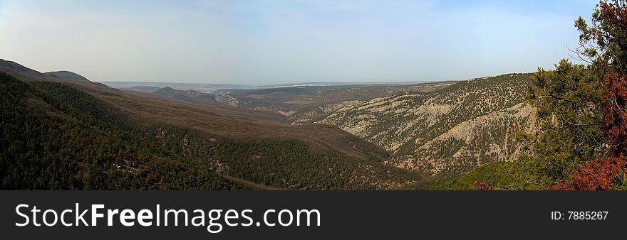 Panoramas of the Chernorechensky canyon in Crimean mountains