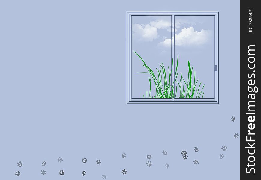 An illustration with window, grass and cat's tracks. An illustration with window, grass and cat's tracks.