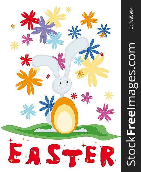 Card for Easter with rabbit, egg and flowers. Card for Easter with rabbit, egg and flowers