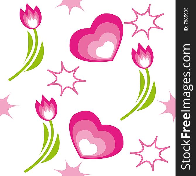 Seamless pattern with tulips, hearts and stars