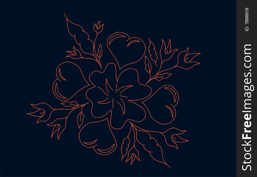 Pattern from flowers and hearts on navy blue background