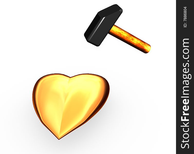 The image of gold heart on which strike a hammer.