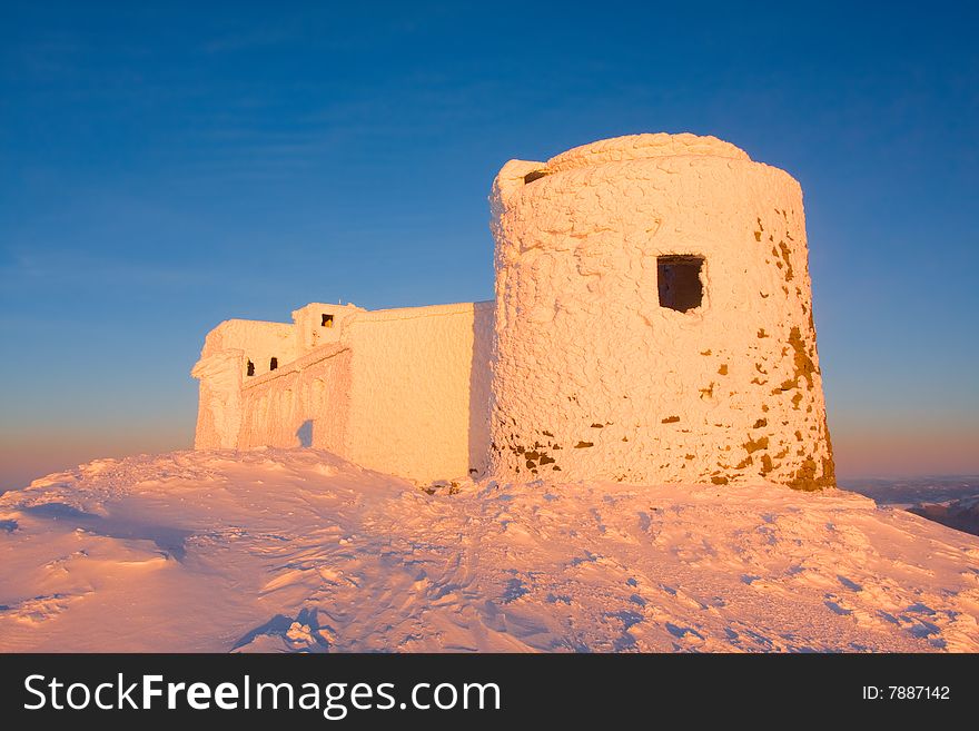 Observatory in Carpathian mountains at winter