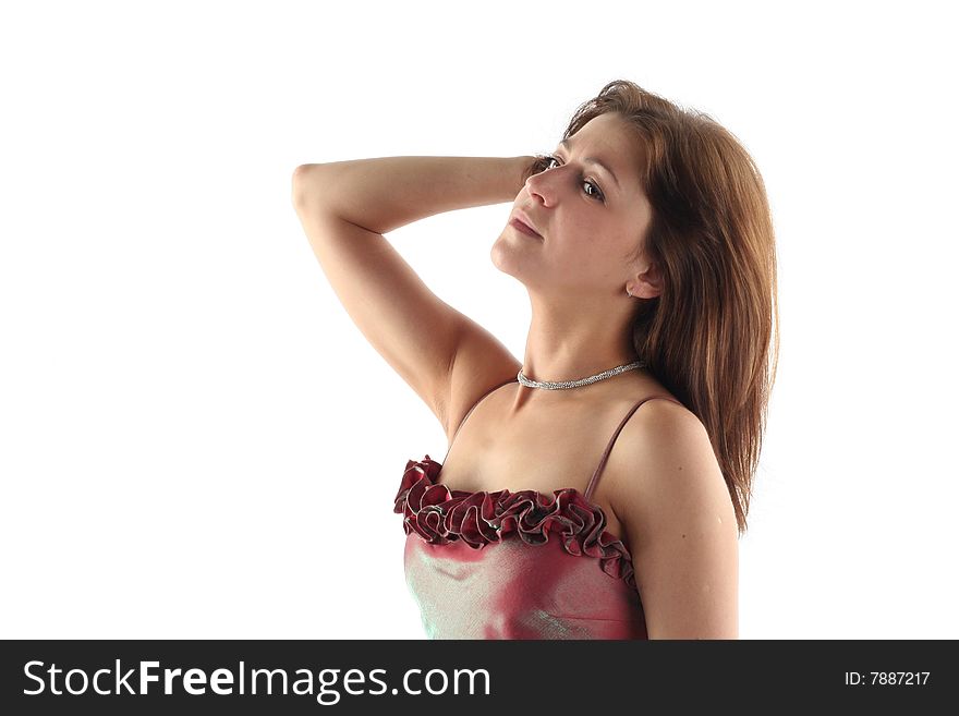 Girl in evening dress isolated on white background