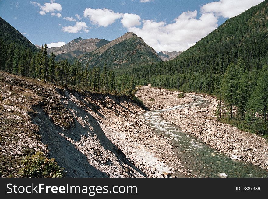 Shumak river valley is located in Sayany mountains (Siberia, Russia).