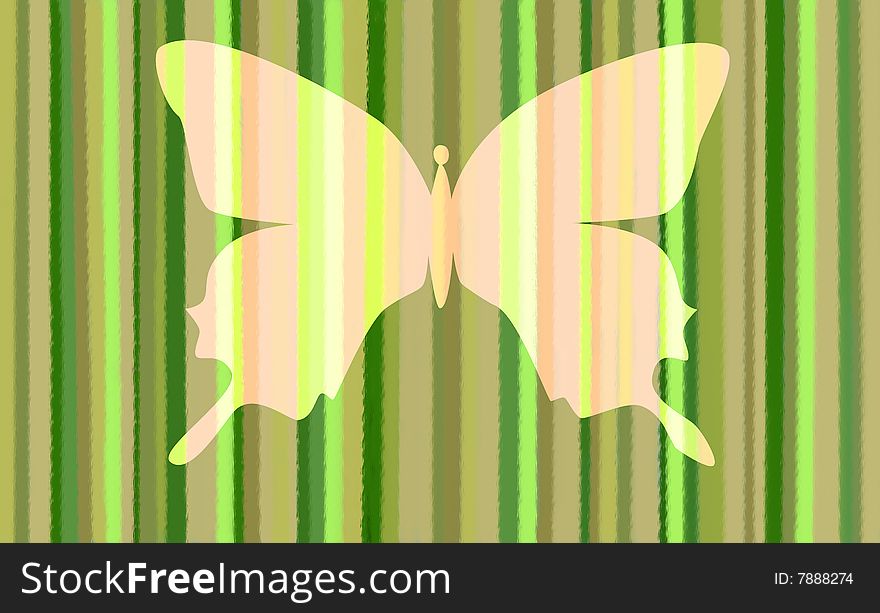 Hand drawn and textured stripes of various green tones with a pale butterfly of different hues. Hand drawn and textured stripes of various green tones with a pale butterfly of different hues