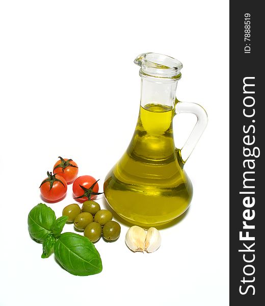 Olive oil and fresh herbs and vegetables. Olive oil and fresh herbs and vegetables