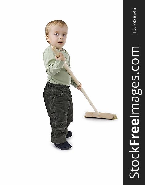 Boy sweeps broom on white background. Boy sweeps broom on white background