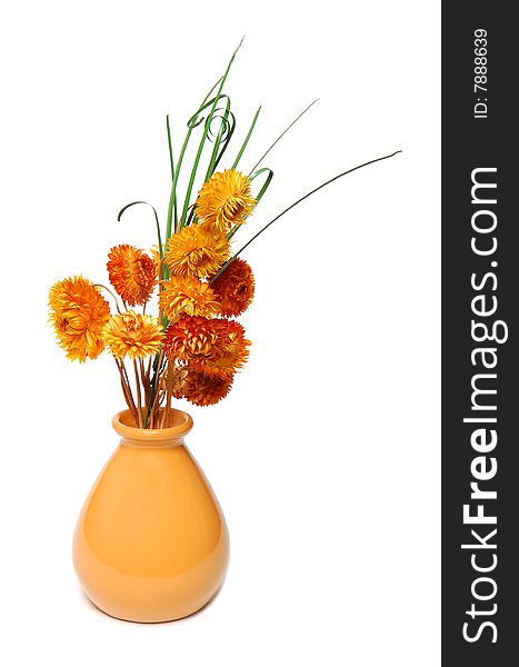 Ceramics vase with dried-up flowers isolated over white background