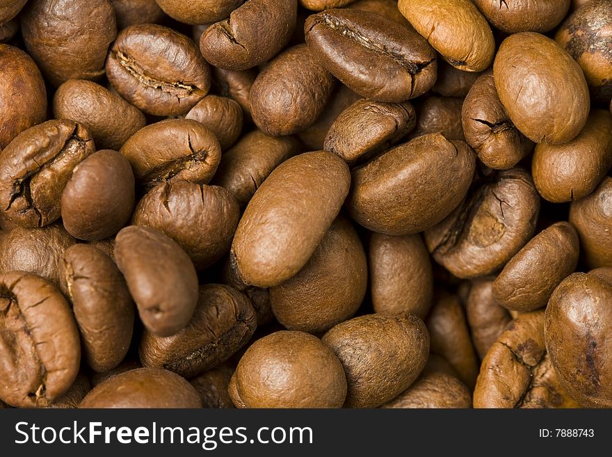Coffee beans background texture. Macro photo