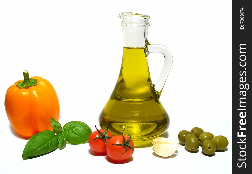 Olive oil and fresh herbs and vegetables. Olive oil and fresh herbs and vegetables