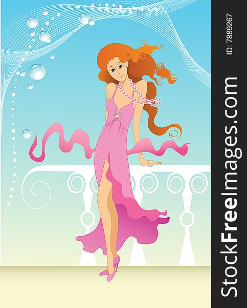 Vector illustration of a young lady staying on the wind