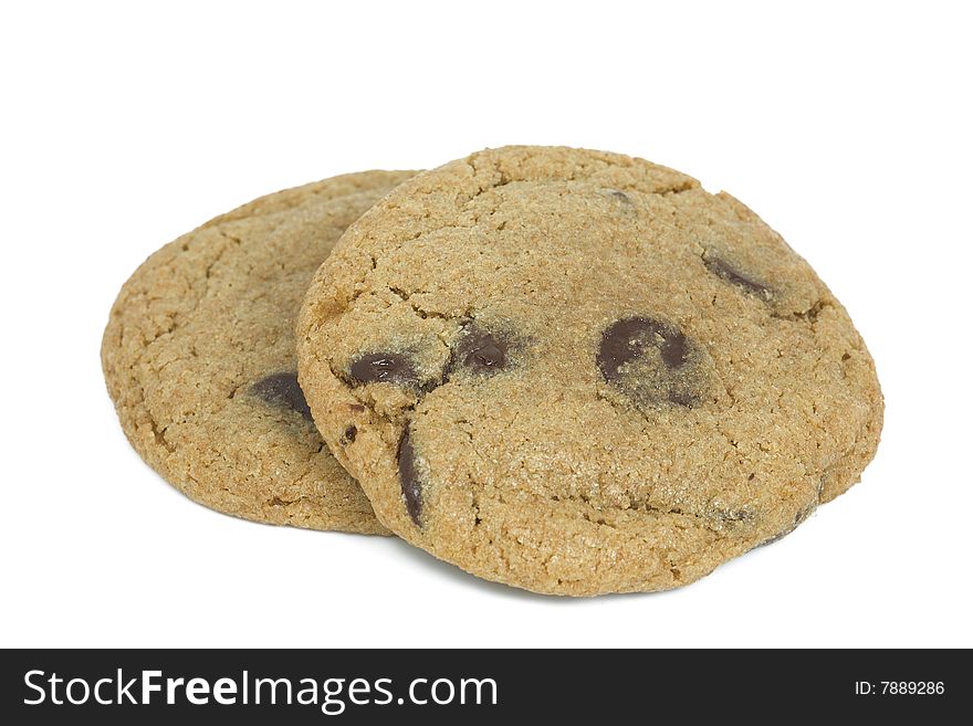 Two fresh baked chocolate chip cookies isolated on white