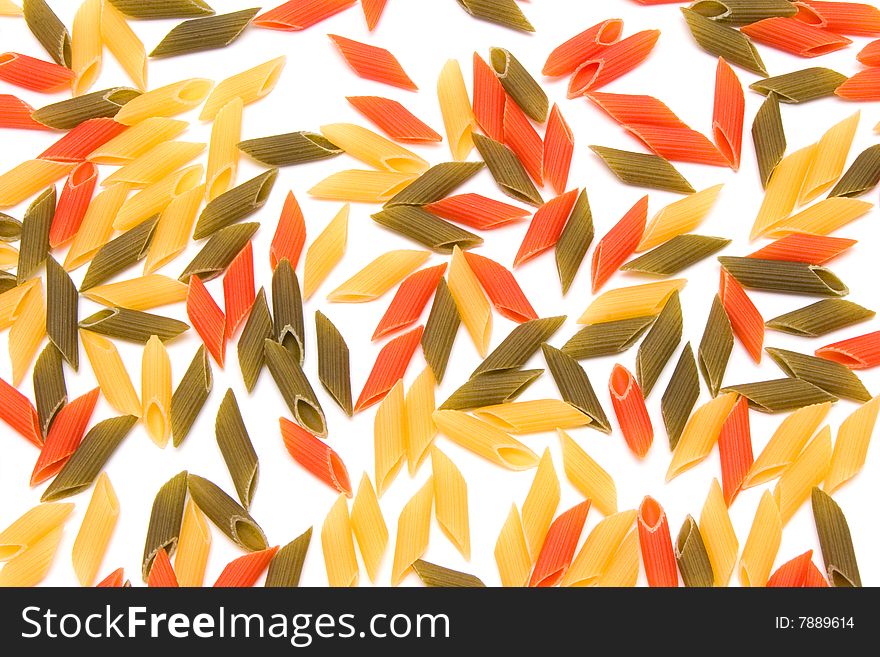 Multicolor pasta close up isolated on white background.