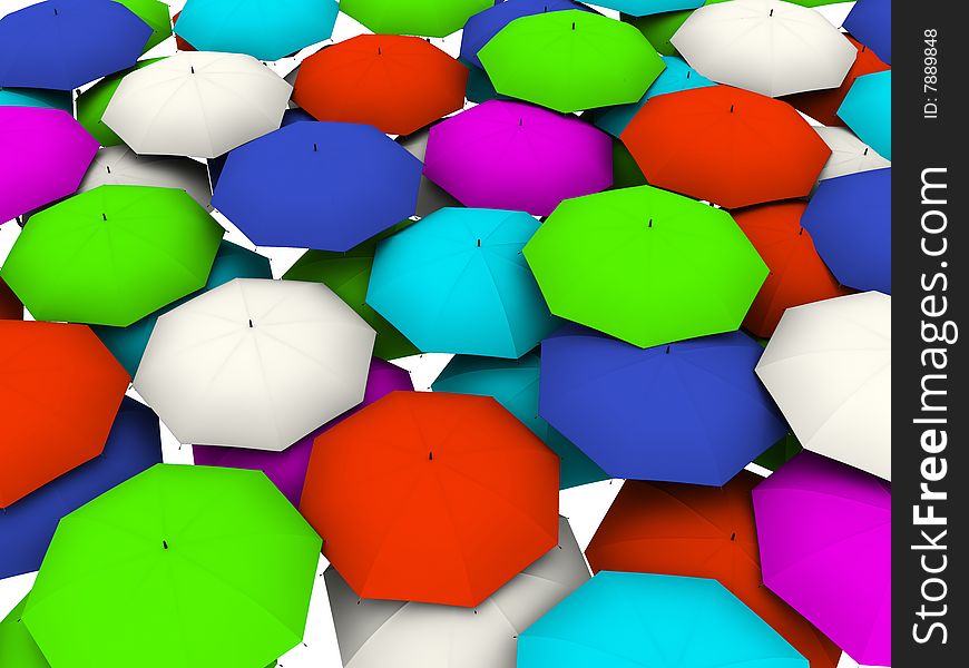 Many colour umbrellas. 3d render. The top view. Many colour umbrellas. 3d render. The top view.