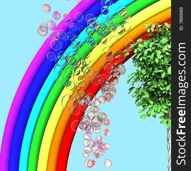 Rainbow, tree and soap bubbles