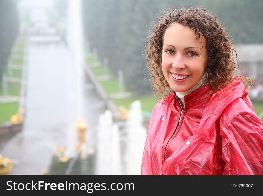 Young woman on large cascade in Peterhof