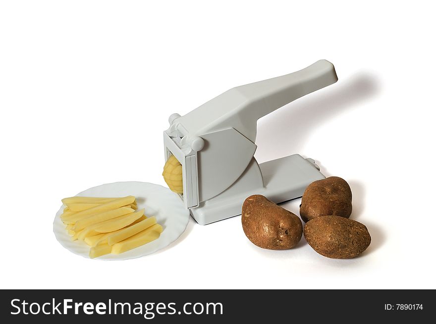 French Fries Cutter with potatoes isolated on white background. French Fries Cutter with potatoes isolated on white background