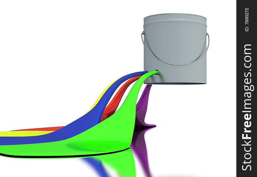 Bucket with a colour paint  on mirror plane. Bucket with a colour paint  on mirror plane