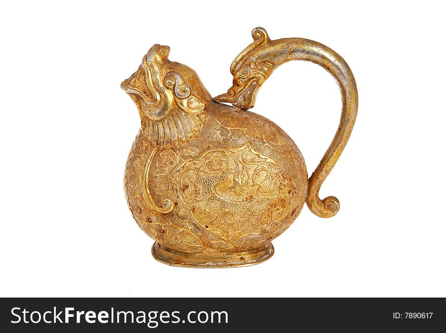 Carving patterns golden pot on white background