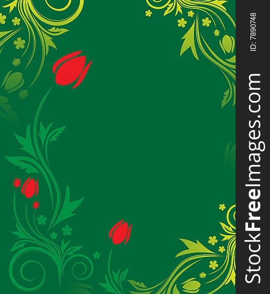 Green floral background with red flowers