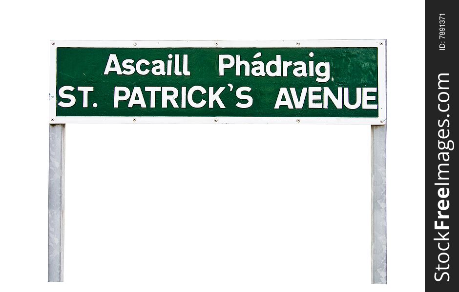 Saint Patrick's Avenue - original street sign in Dalkey, Dublin, Ireland. Written in both English and Irish. Isolated on white. Saint Patrick's Avenue - original street sign in Dalkey, Dublin, Ireland. Written in both English and Irish. Isolated on white.