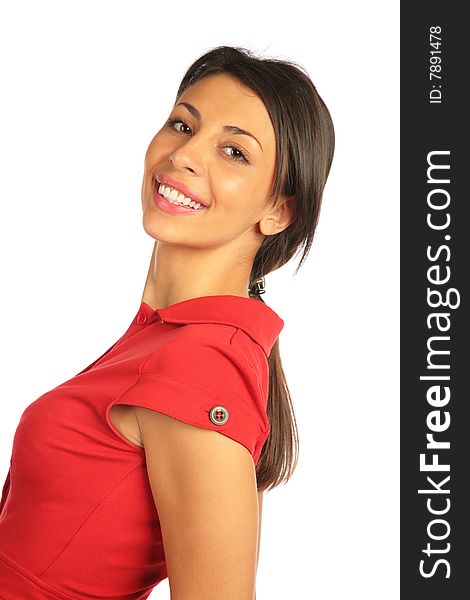 Woman In Red Dress Half-turn Smiling.