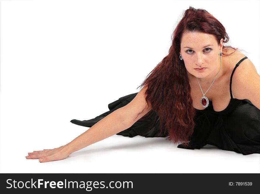 Attractive woman in black dress isolated on white background