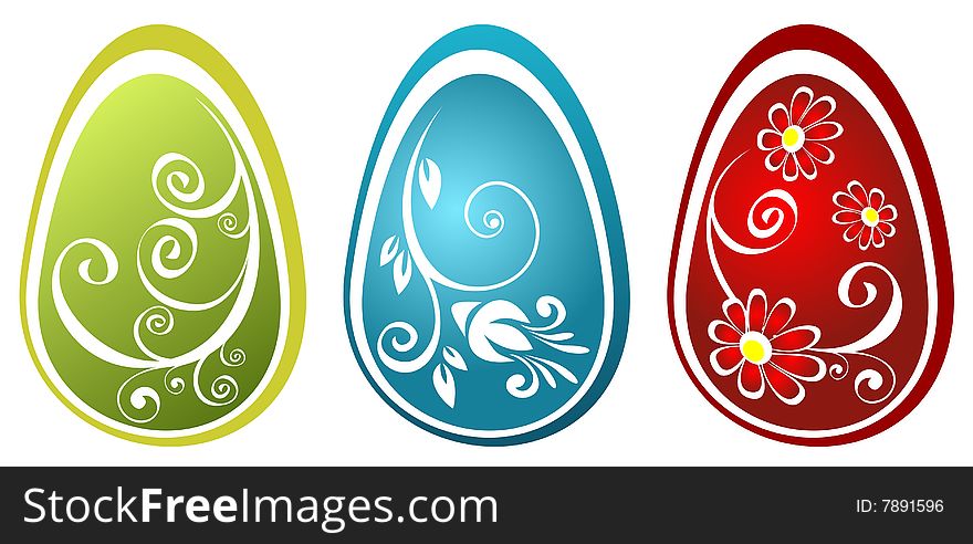 Three stylized Easter eggs with flower pattern isolated on a white background. Three stylized Easter eggs with flower pattern isolated on a white background.