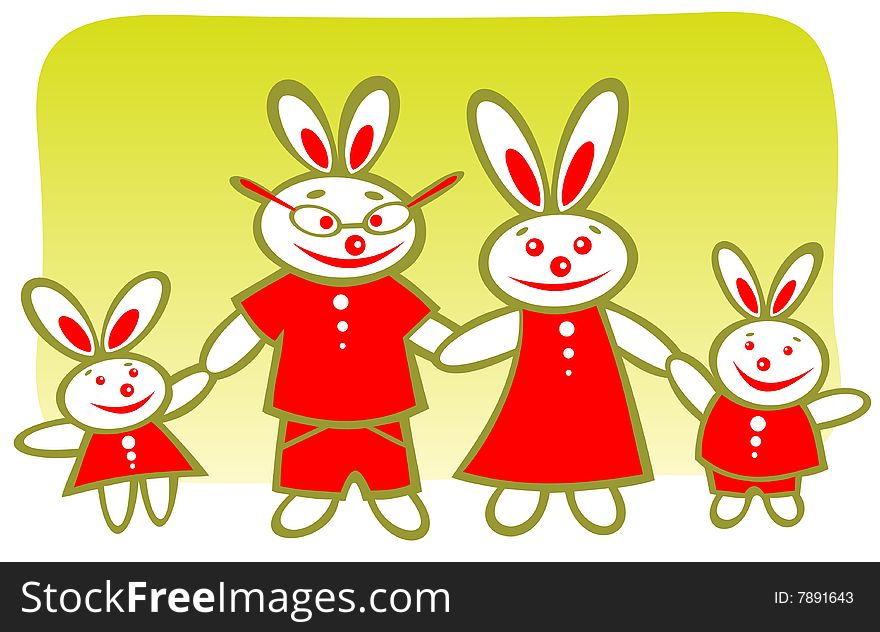 Cheerful cartoon rabbits family on a green background.