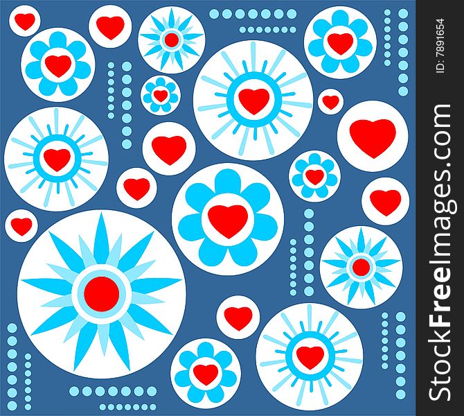 Romantic pattern with hearts and flowers isolated on a blue background. Romantic pattern with hearts and flowers isolated on a blue background.