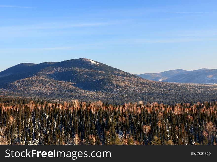 Mountain landscape. Mountain Shoriya. Sheregesh. Russia.