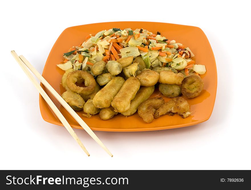 Plate with heap of seafood and vegetables with chopsticks. Isolated on pure white. Plate with heap of seafood and vegetables with chopsticks. Isolated on pure white.