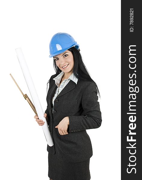 Attractive young woman engineer holding a project and a ruler.Also,check out Workers and tools