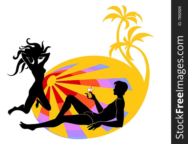 Vector illustration of handsome young man looking on the woman and drinking a cocktail. On the sunny, beach background. Vector illustration of handsome young man looking on the woman and drinking a cocktail. On the sunny, beach background.