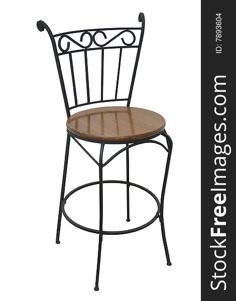 A high Iron chair with a wooden seat isolated. A high Iron chair with a wooden seat isolated