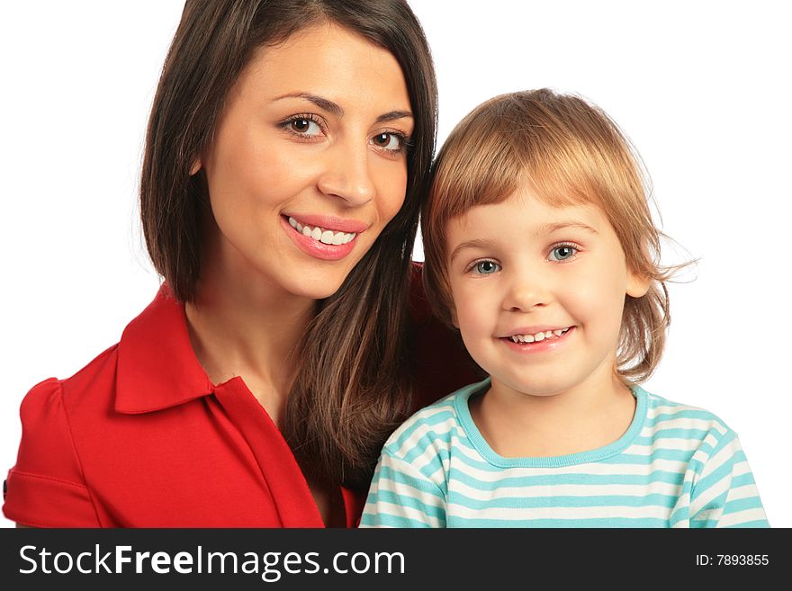 Woman and girl close-up on white