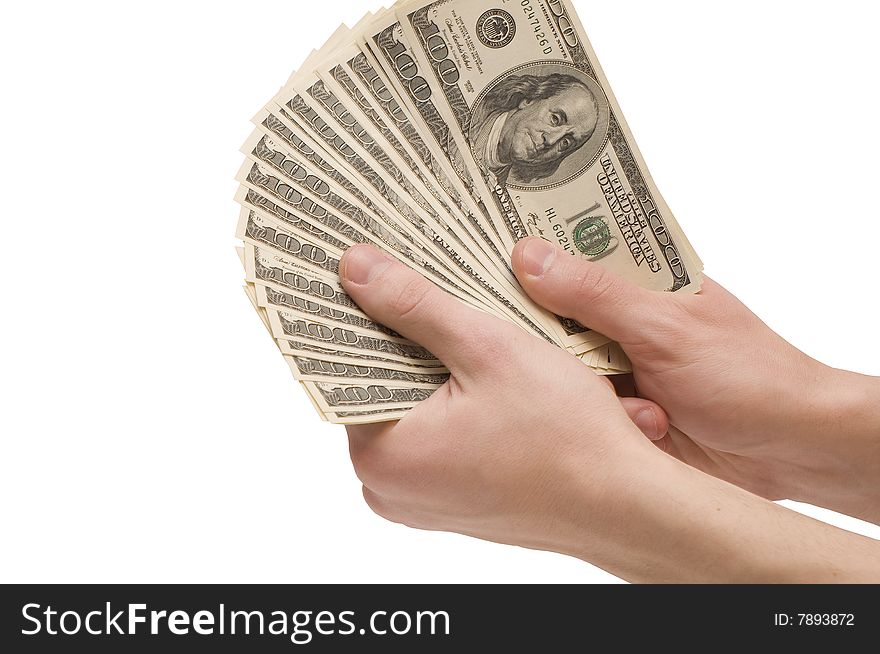 Male hands holding money (dollar banknotes) isolated on white background. Male hands holding money (dollar banknotes) isolated on white background