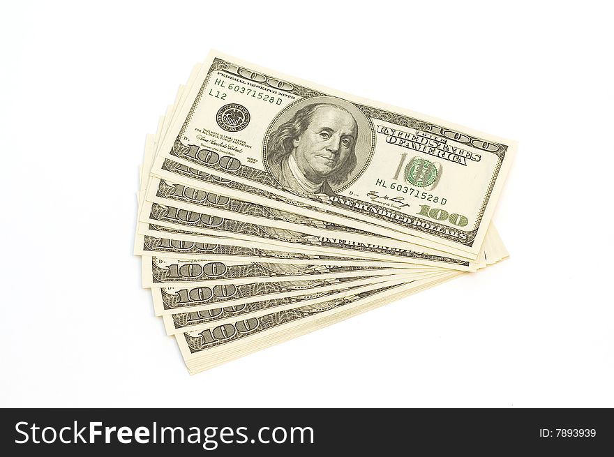 Many banknotes (100 Dollars) in pile isolated on white background. Many banknotes (100 Dollars) in pile isolated on white background