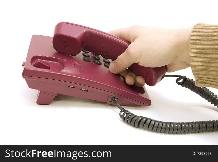 Traditional red phone with male hand pick up isolated on white background. Traditional red phone with male hand pick up isolated on white background