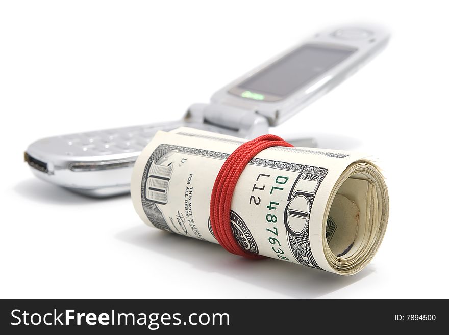 American dollars with mobile phone on white background with shadows
