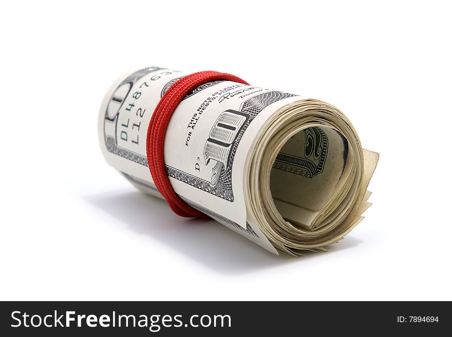 Stack of ten dollar banknotes on white background