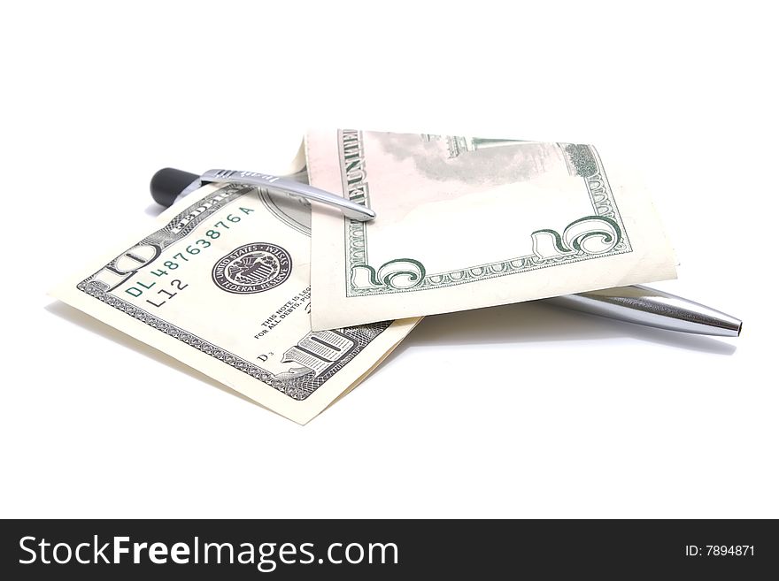 Pen and american dollars isolated on white background with shadows