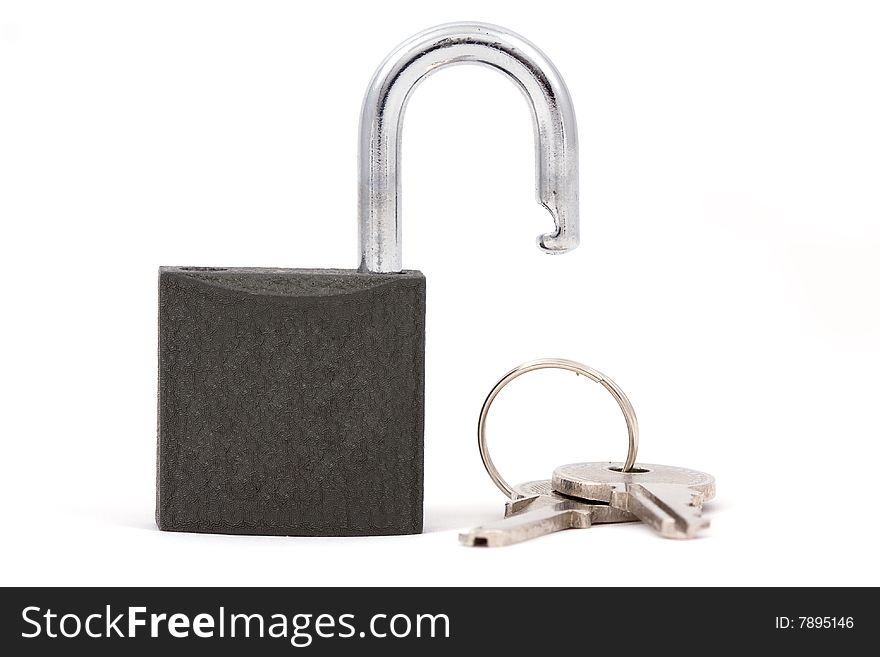 Open padlock and keys isolated on a white